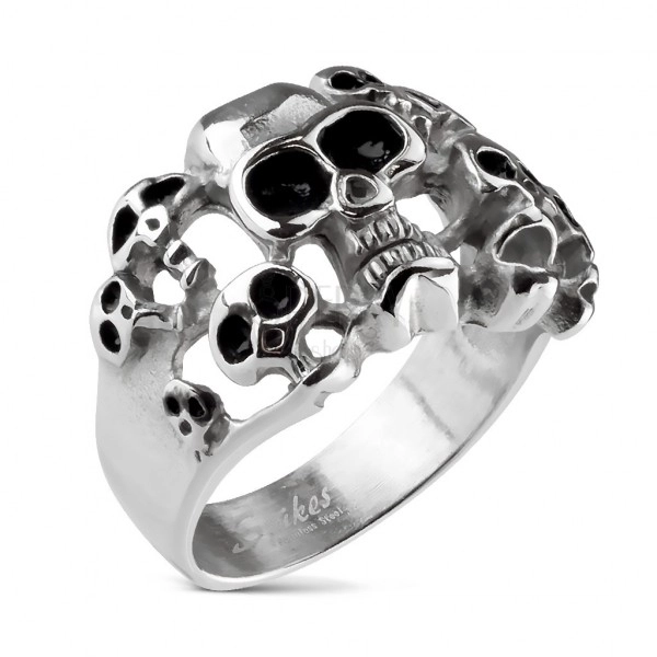 Inel din oțel 316L de culoare argintie - zece cranii cu smalț de culoare neagră