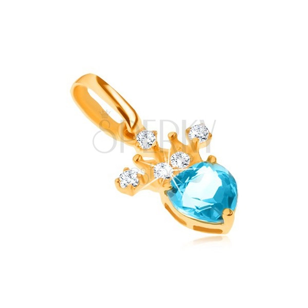 Pandantiv din aur galben 9K, coroană zirconiu, topaz albastru în formă de inimă