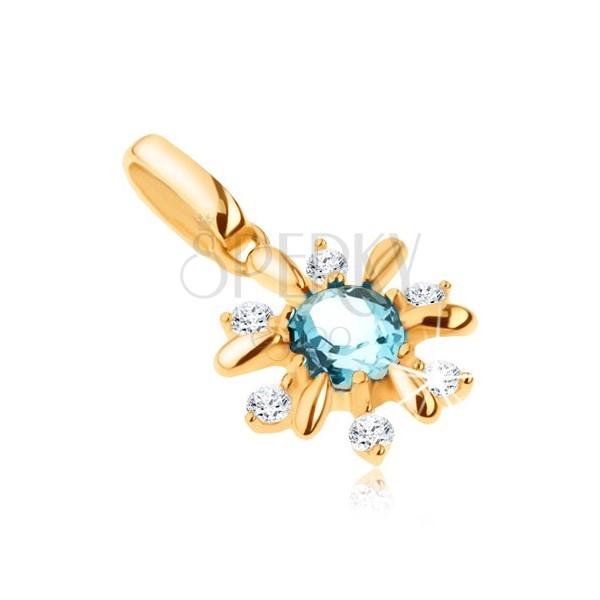 Pandantiv din aur 375 - floare decorată cu pietre transparente şi topaz albastru