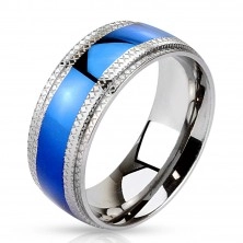 Inel din oțel - fâșie albastră în centru, margini crestate