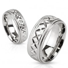 Inel lucios strălucitor în culoare argintie, noduri și striații geometrice, 8 mm