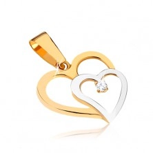Pandantiv din aur 375 în două culori - două contururi de inimă, piatră rotundă transparentă