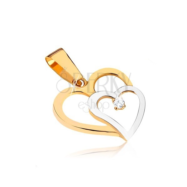 Pandantiv din aur 375 în două culori - două contururi de inimă, piatră rotundă transparentă
