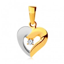 Pandantiv din aur 375 în două culori - contur gros de inimă asimetrică, zirconiu