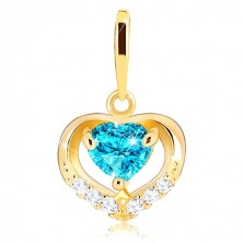 Pandantiv din aur 375 - contur zirconiu inimă, topaz albastru în formă de inimă
