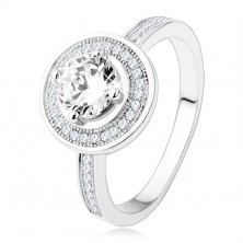 Inel de logodnă argint 925, cerc şi braţe decorate cu zirconiu, ştras transparent
