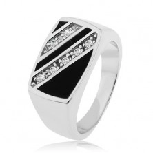 Inel argint 925, dreptunghi - linii oblice cu zirconiu transparent, luciu negru