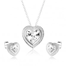 Set cu un colier şi cercei din argint 925, inimă simetrică, zirconiu transparent