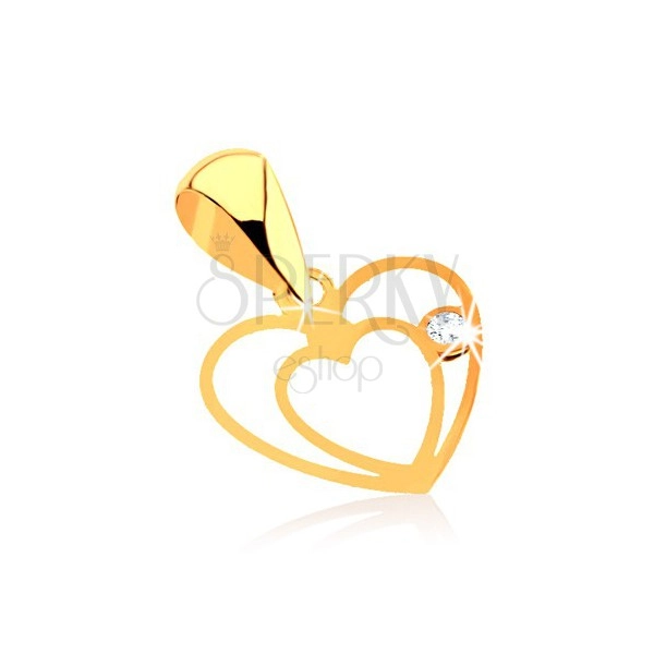 Pandantiv din aur galben 9K - contur subţire dublu de inimă, zirconiu transparent