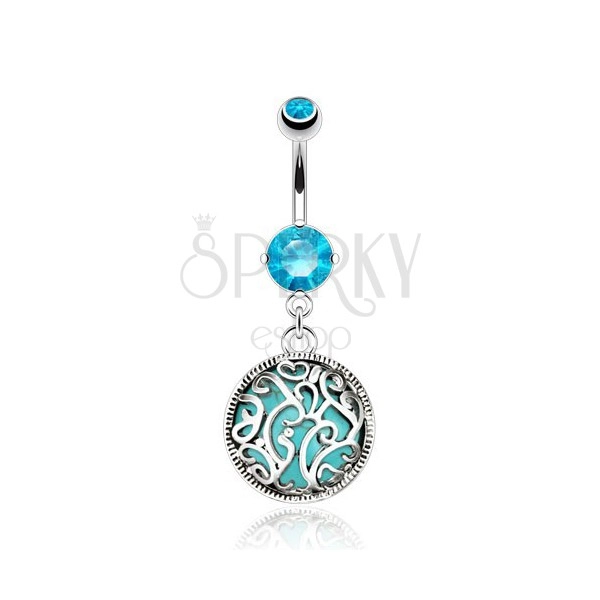 Piercing pentru buric din oțel, piatră turcoaz cu ornamente filigranate, zirconii