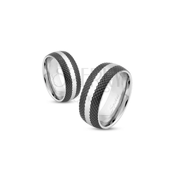 Inel din oțel cu suprafață neagră cu model cu zăbrele, fășie în culoare argintie, 6 mm