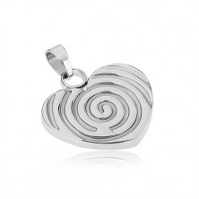 Pandantiv din oţel de culoare argintie, inimă simetrică cu spirală gravată