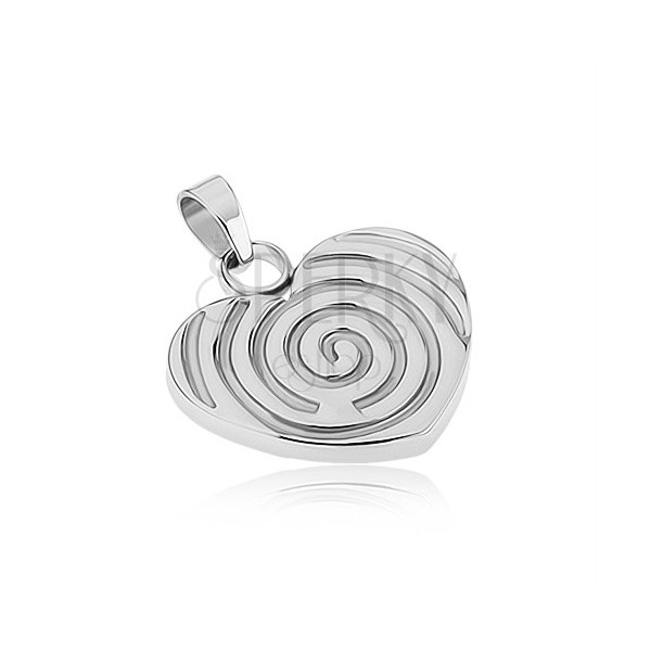 Pandantiv din oţel de culoare argintie, inimă simetrică cu spirală gravată