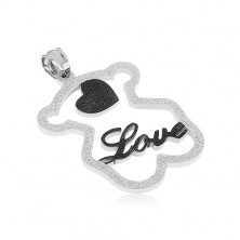 Pandantiv din oţel - contur de ursuleţ strălucitor, inimă neagră, inscripţia "Love"