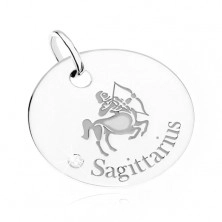 Pandantiv - plăcuță rotundă, semn zodiacal SĂGETĂTOR, stras transparent, argint 925