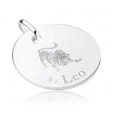 Pandantiv rotund din argint 925, gravură decorativă - semn zodiacal LEU, zirconiu