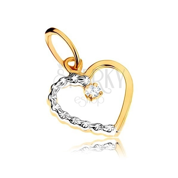 Pandantiv din aur 375 - contur de inimă simetrică în două culori, piatră transparentă