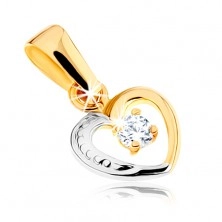 Pandantiv în două culori din aur 375 - contur inimă mică, piatră transparentă