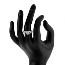 Inel de logodnă din argint 925 - ştras mare, transparent, braţe bifurcate, cu zirconiu