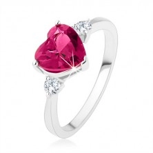 Inel de logodnă - inimă din zirconiu roz închis, două ştrasuri transparente, argint 925