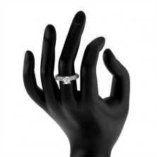 Inel de logodnă argint 925 - ştras transparent, braţe gravate, încrustate cu zirconiu