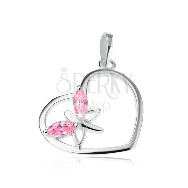 Pandantiv realizat din argint 925, contur inimă, fluture - aripi zirconiu roz