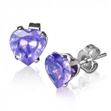 Cercei argintii din oţel, cu şurub, inimă din zirconiu violet, 7 mm