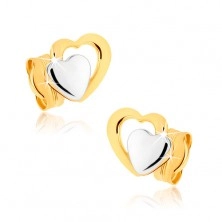 Cercei cu şurub din aur 9K - inimi simetrice în două culori, placaţi cu rodiu