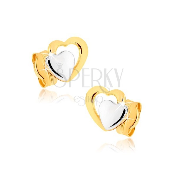 Cercei cu şurub din aur 9K - inimi simetrice în două culori, placaţi cu rodiu