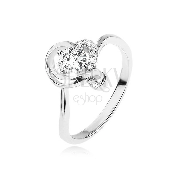 Inel de logodnă argint 925, zirconiu rotund, transparent într-un contur ondulat de inimă