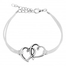 Brățără - șnururi albe, două contururi de inimi cu de culoare argintie