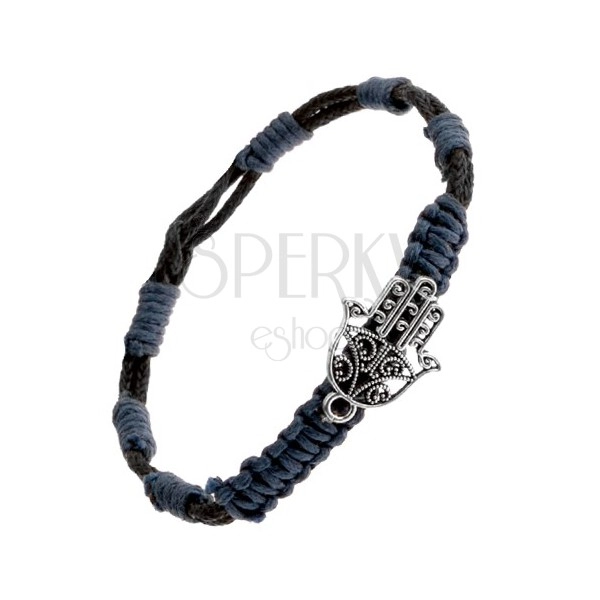 Brățară împletită - șnururi albastre și negre, pandantiv în formă de mână Budistă
