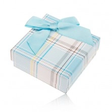 Cutiuță de cadou pentru inel sau cercei, model în carouri, fundiță albastru deschis