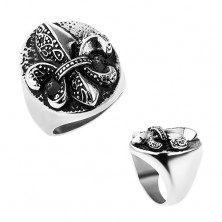 Inel din oţel, Fleur de Lis într-un oval, culoare argintie, strat oxidic