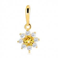 Pandantiv din aur 375 - floare înflorită citrin galben, petale zirconii transparente