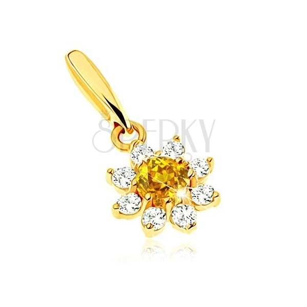 Pandantiv din aur 375 - floare înflorită citrin galben, petale zirconii transparente