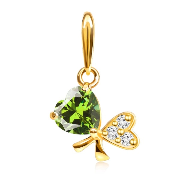 Pandantiv din aur 375 - fundiţă din două inimi, zirconiu verde deschis, zirconii transparente