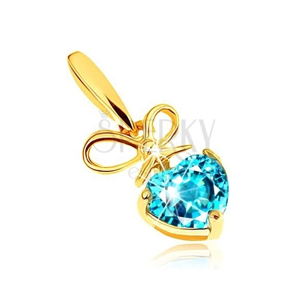 Pandantiv din aur 375 - fundiță și inimă din topaz în nuanță albastră