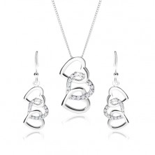 Set din argint 925, cercei şi colier - trei contururi de inimi interconectate, zirconiu transparent