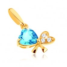 Pandantiv din aur 9K - topaz albastru, fundă din două inimi, zirconii transparente