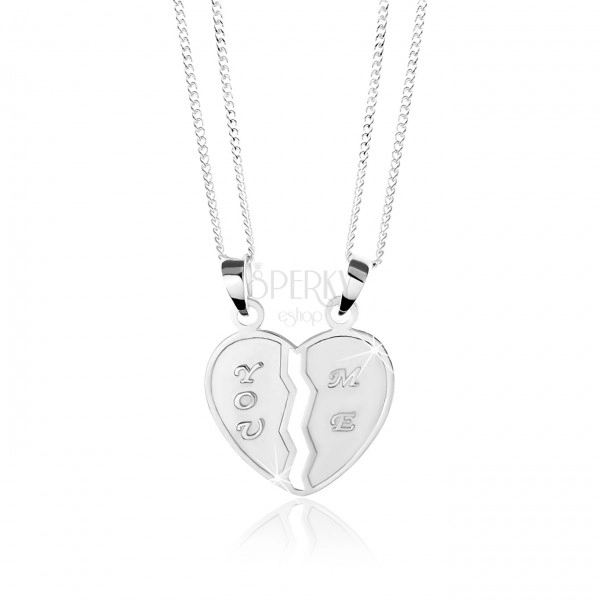 Colier din argint 925, pandantiv dublu - jumătăţi de inimă, inscripţiile "YOU" şi "ME"