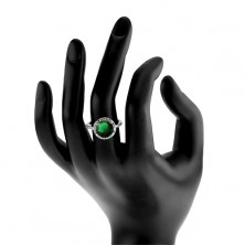 Inel argint 925, zirconiu rotund, verde smarald, contur din zirconiu transparent