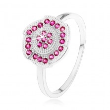 Inel argint 925, floare gravată, decorată cu zirconiu roz