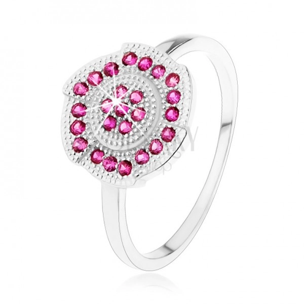 Inel argint 925, floare gravată, decorată cu zirconiu roz