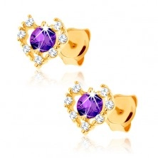 Cercei din aur 375 - contur de inimă zirconii transparente, ametist violet