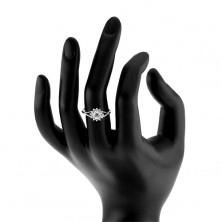 Inel de logodnă din argint, floare zirconiu transparent, braţe bifurcate