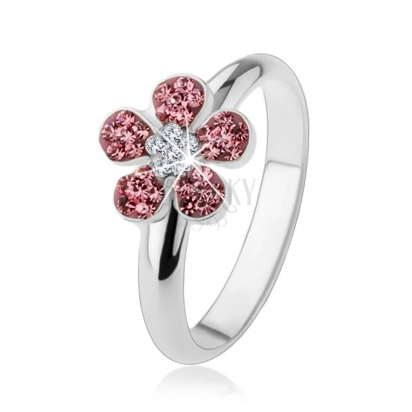 Inel din argint 925, floare strălucitoare încrustată cu zirconii roz şi transparente