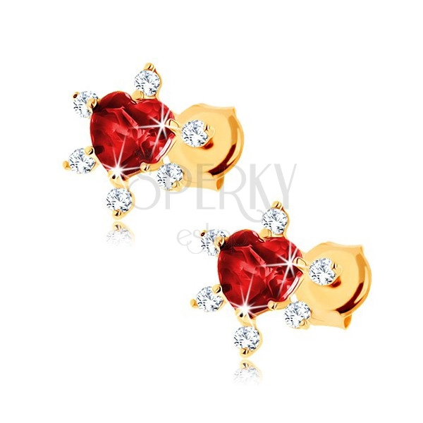 Cercei din aur 375 - granat roşu în formă de inimă, zirconii transparente