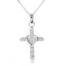 Colier din argint 925, cruce decorată cu zirconiu, contur de inimă