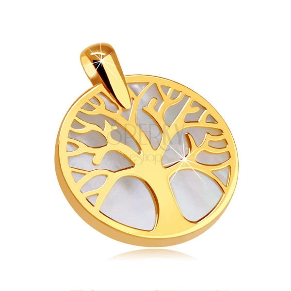 Pandantiv din aur galben 9K - copacul vieţii într-un contur de cerc, fundal perlat
